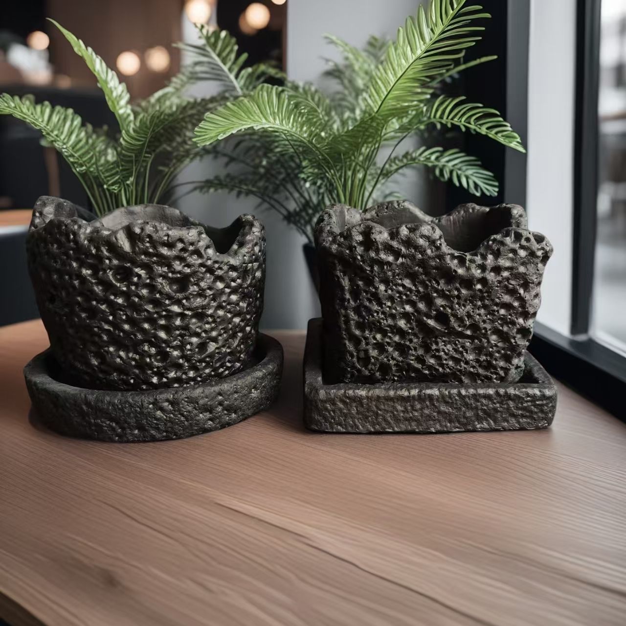 Volcanic Rock Texture DIY Concrete Planter | Handmade Rustic Style Creative Pot for Succulents/Greenery (with Drainage Tray)