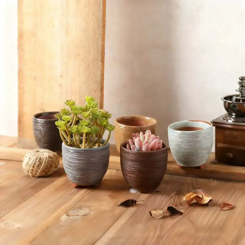 Vintage Texture Ceramic Succulent Pot Set - Creative Ins-Style Desktop Small Planter Set for Greenery 