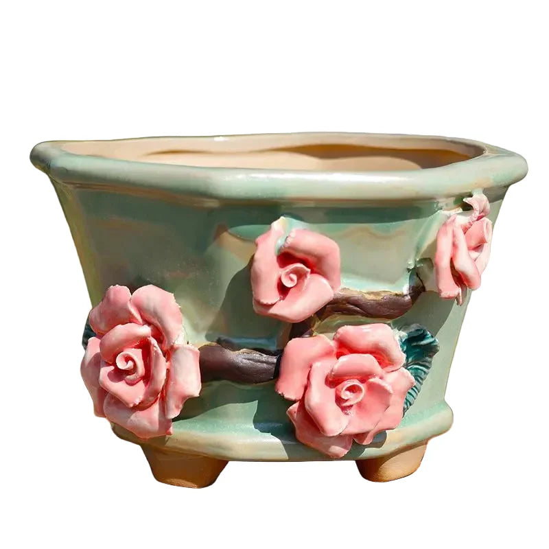 Vintage 3D Purple Floral Terracotta Planter | Handmade Relief Flower Pot for Succulents/Greenery