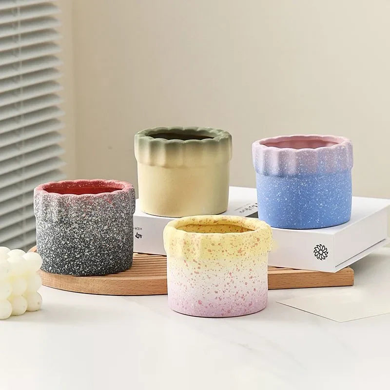 Creative Cake-Shaped Maifan Stone Terracotta Succulent Planter | Macaron Gradient Textured Breathable Drainage Hole Desk Planter for Small Greenery 