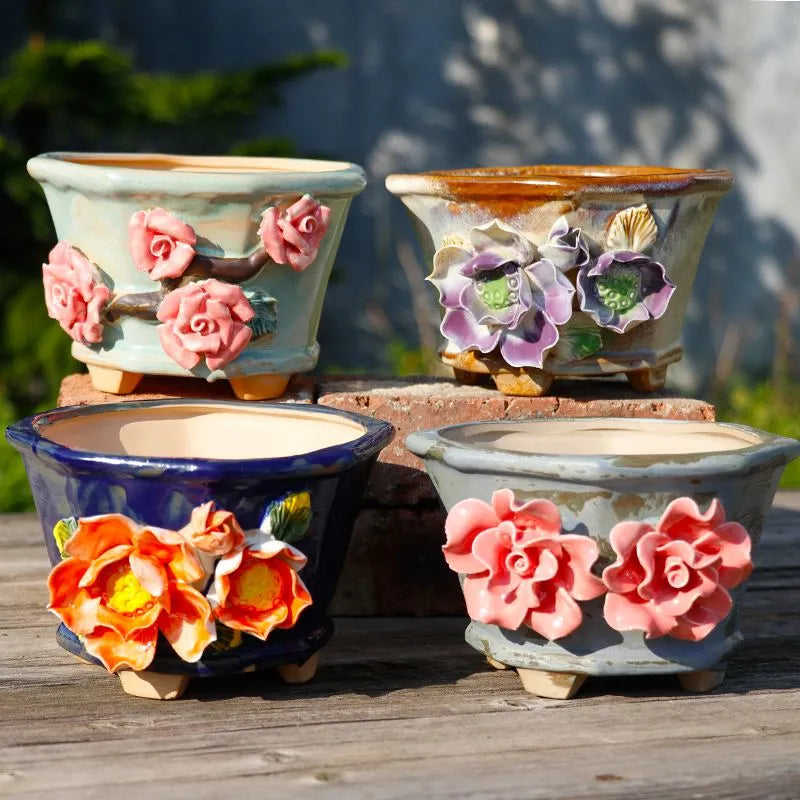 Vintage 3D Purple Floral Terracotta Planter | Handmade Relief Flower Pot for Succulents/Greenery