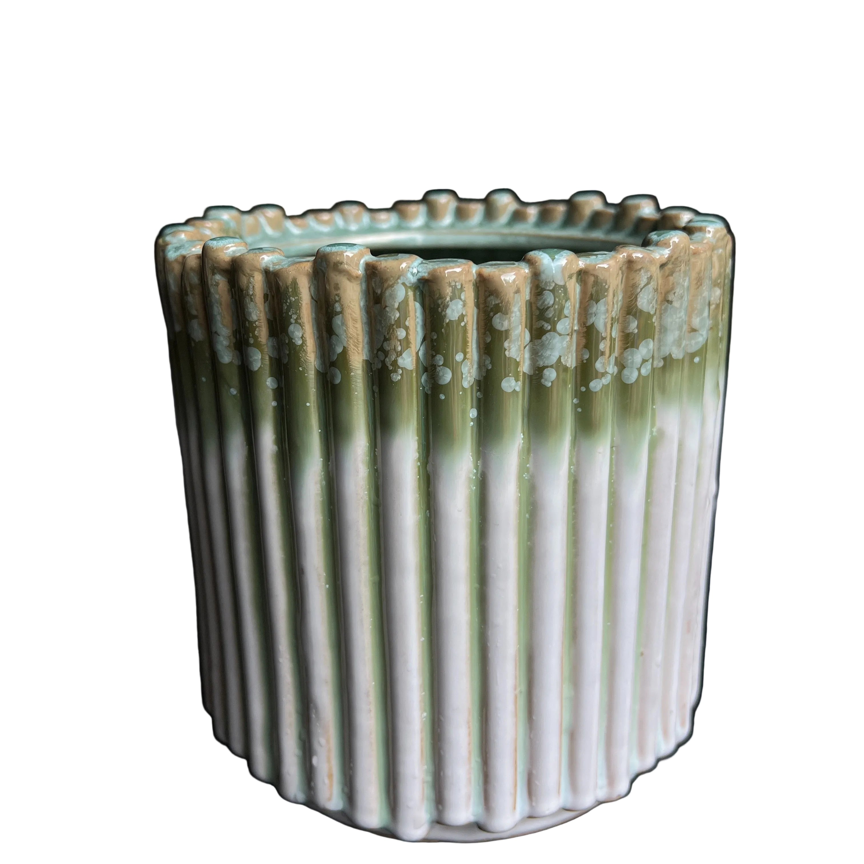 Vertical Stripe Gradient Glaze Ceramic Pot - Vintage Ruffled Edge Succulent Planter for Desktop Greenery Decoration