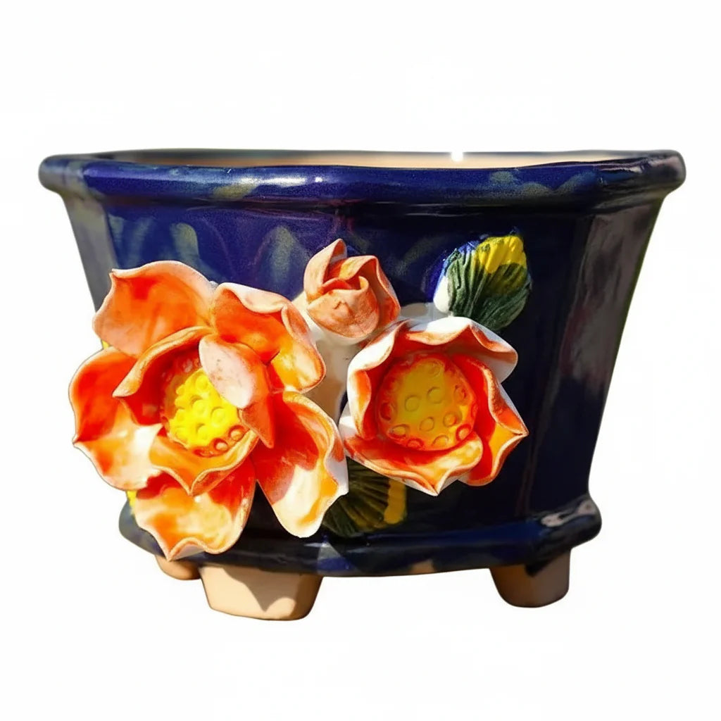 Vintage 3D Purple Floral Terracotta Planter | Handmade Relief Flower Pot for Succulents/Greenery