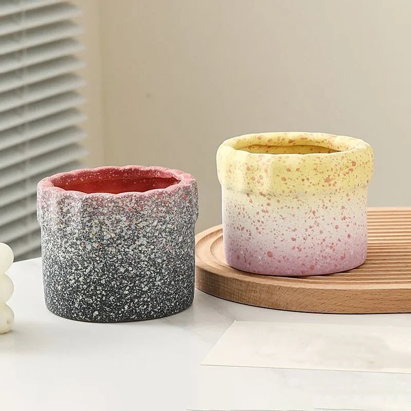 Creative Cake-Shaped Maifan Stone Terracotta Succulent Planter | Macaron Gradient Textured Breathable Drainage Hole Desk Planter for Small Greenery 