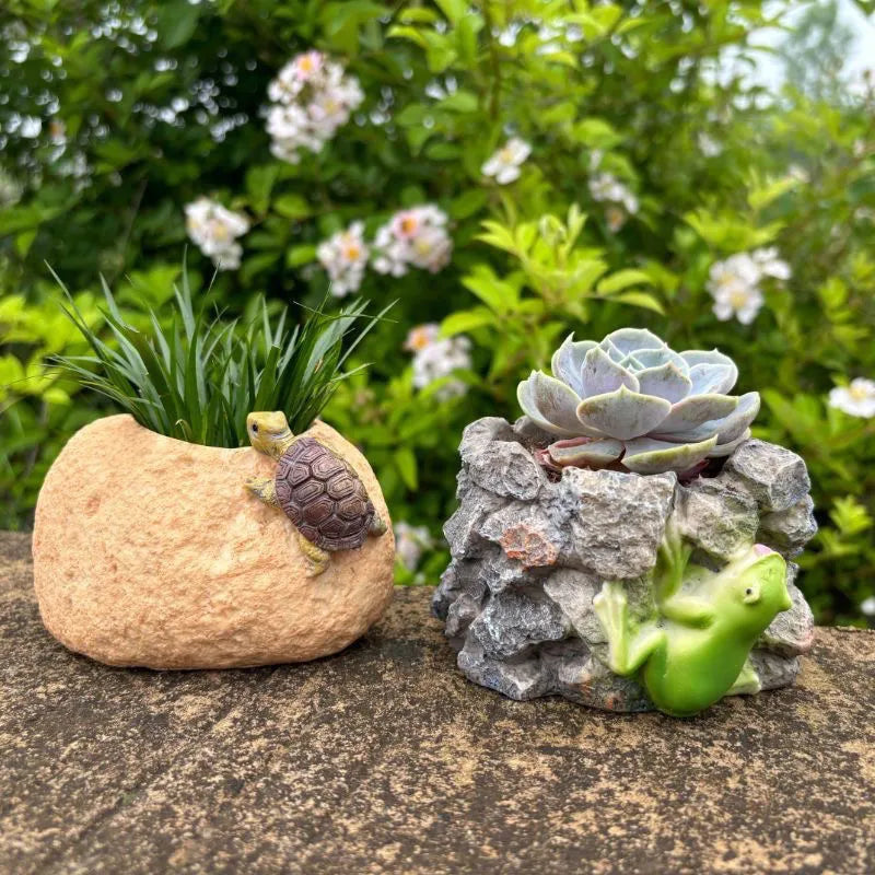 Resin Frog &amp; Turtle Succulent Planters – Courtyard Style Desktop Garden Decor for Daily Outdoor/Indoor Accent