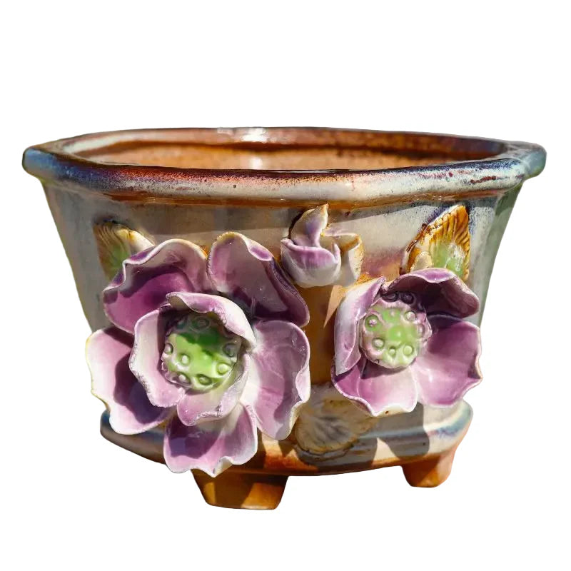 Vintage 3D Purple Floral Terracotta Planter | Handmade Relief Flower Pot for Succulents/Greenery
